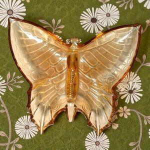 Vintage 8” Peach Glass Butterfly Trinket Dish